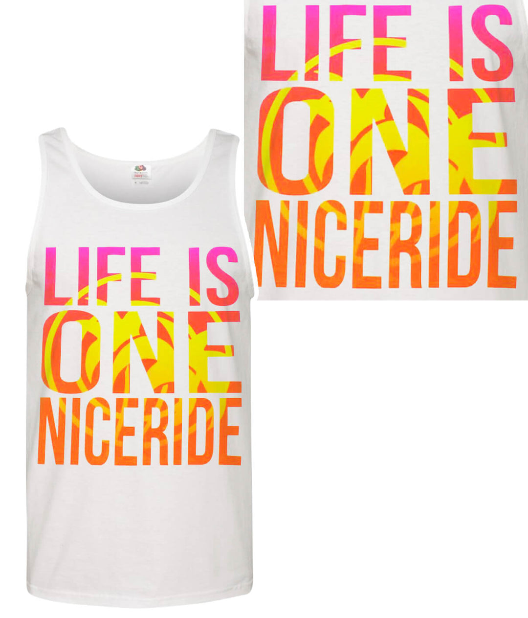 Endless Ride men's white 100% cotton tank top with colorful design reading 'LIFE IS ONE NICERIDE'.