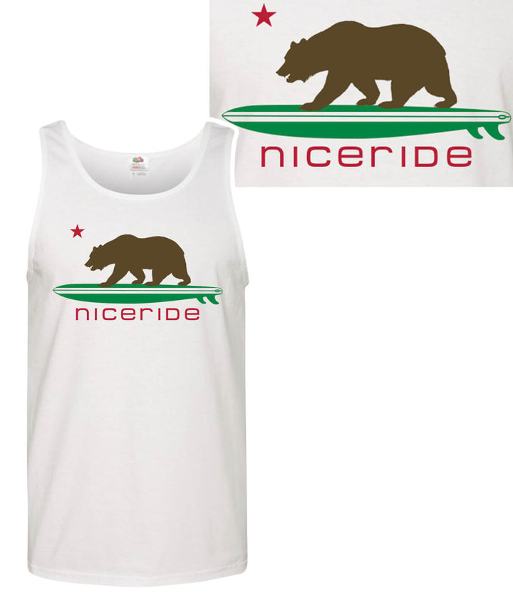 Hang 20 tank top featuring NICERIDE design with bear and surfboard graphics on a white background.