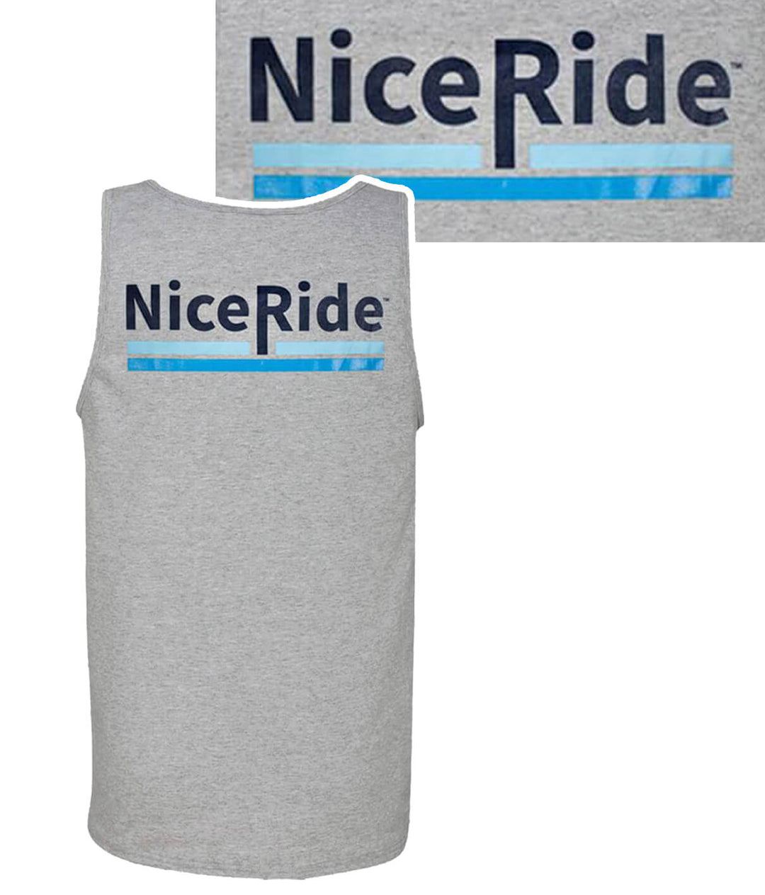 Gray Fruit Of The Loom men's tank top featuring NiceRide logo on back, perfect for active wear and casual occasions.