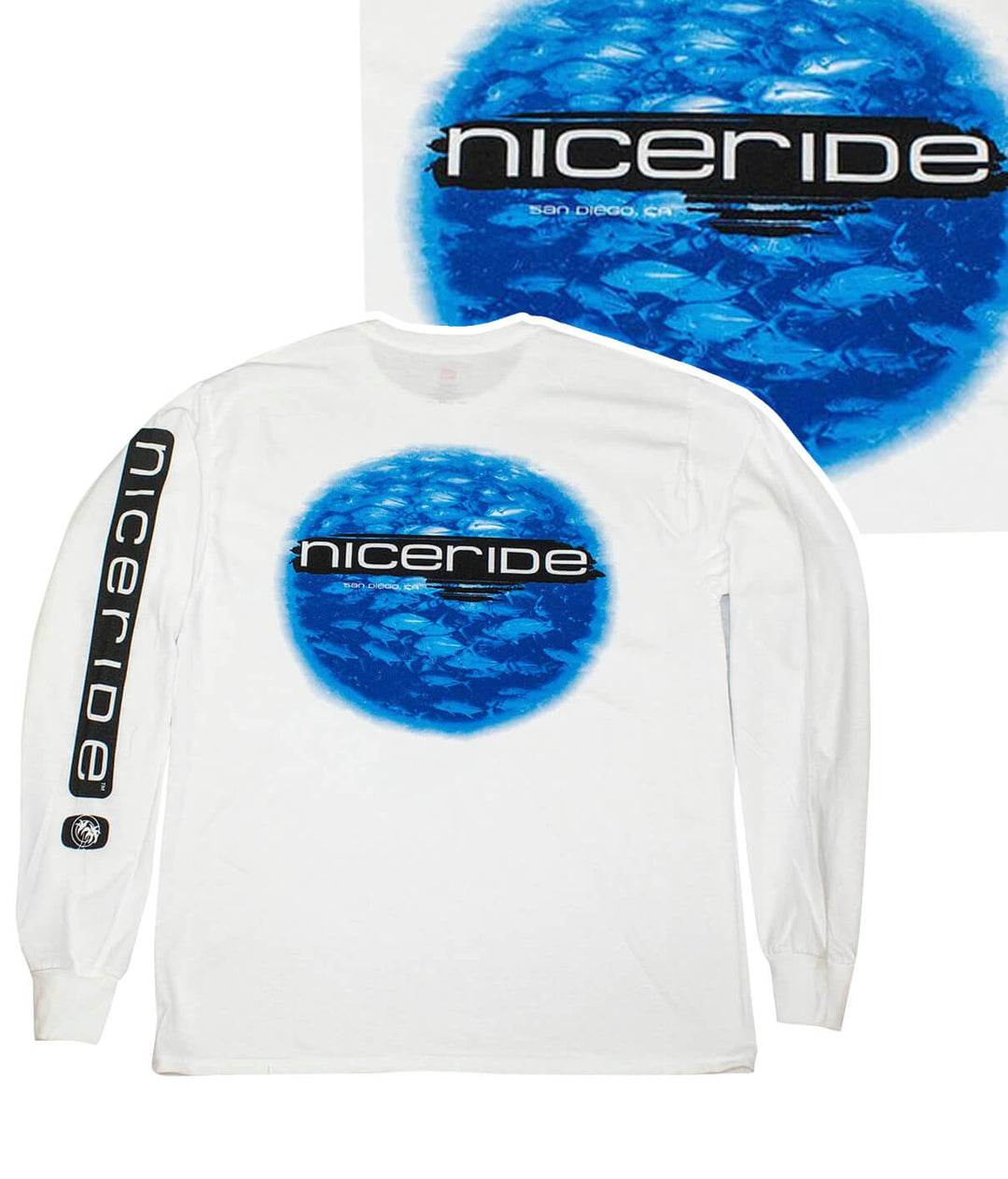 White long sleeve shirt featuring NICERIDE logo and blue fish design on back and sleeve.