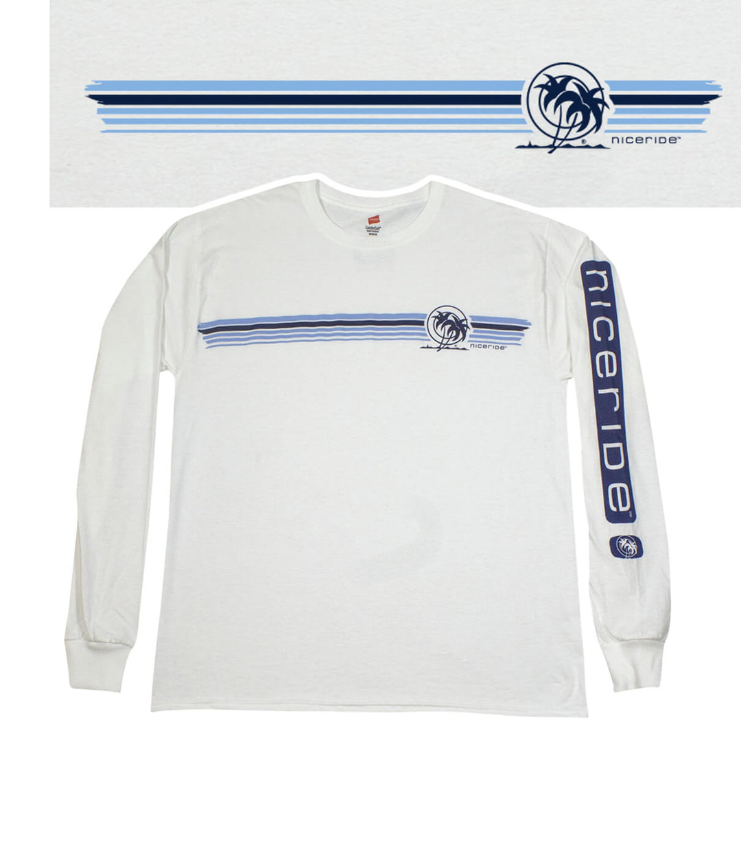 Boardwalk white Hanes pre-shrunk men's 100% cotton long sleeve shirt with NICERIDE design.