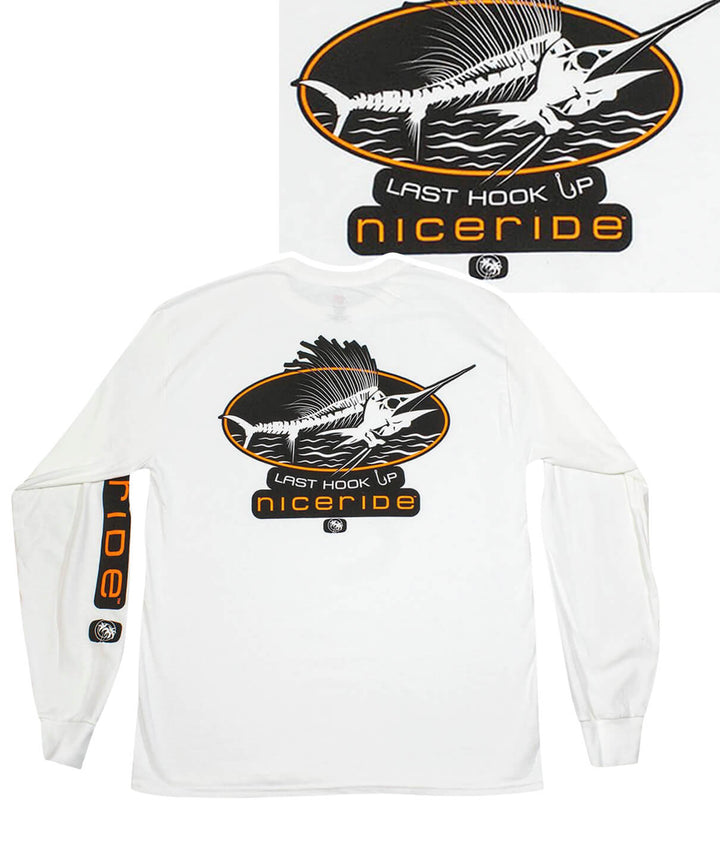 Last Hook Up shirt featuring black and white design on back and left sleeve, perfect for fishing enthusiasts.