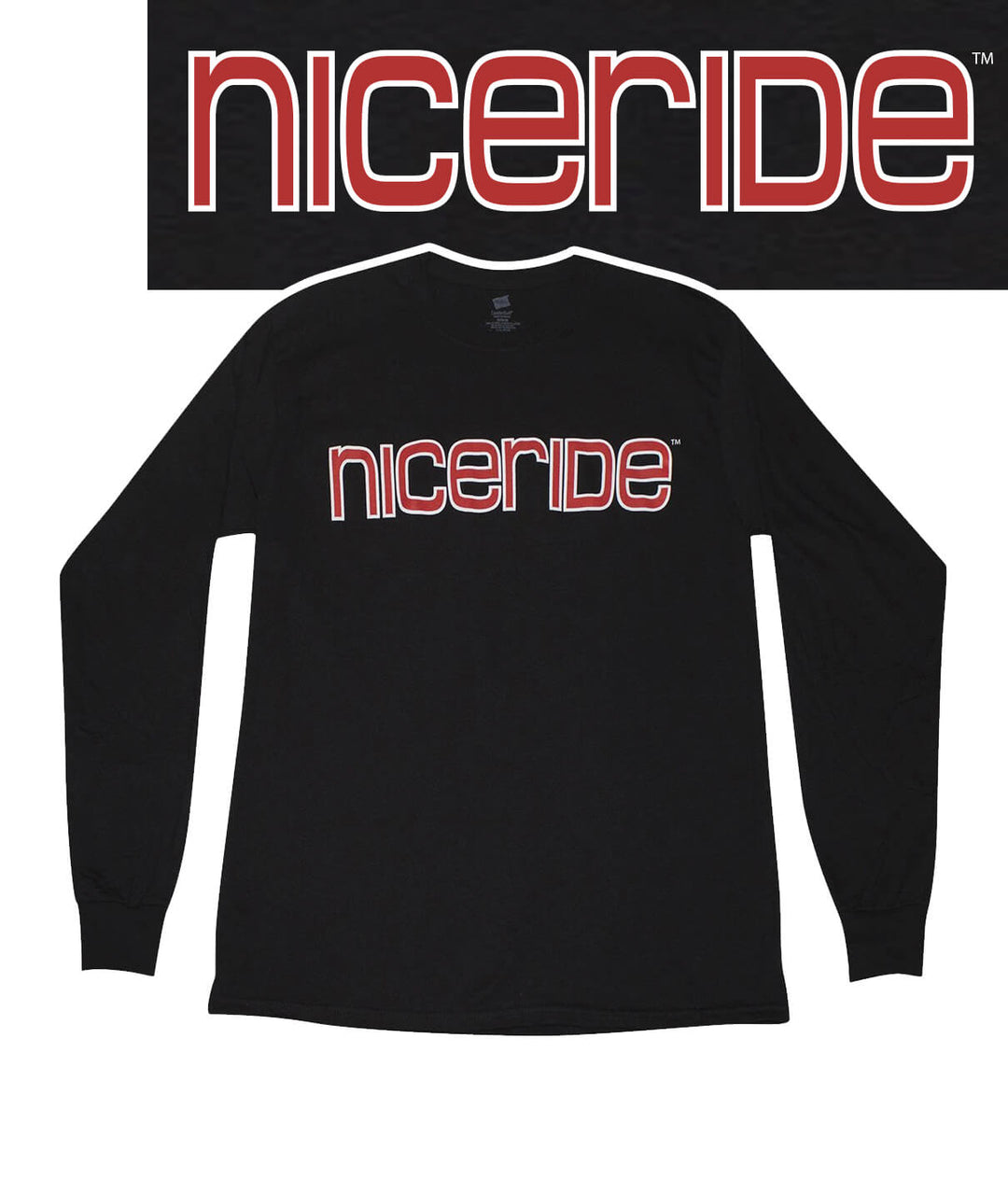 Black long sleeve mens shirt featuring NICERIDE logo on front and Bold Tower design, perfect stylish shirt for adults.