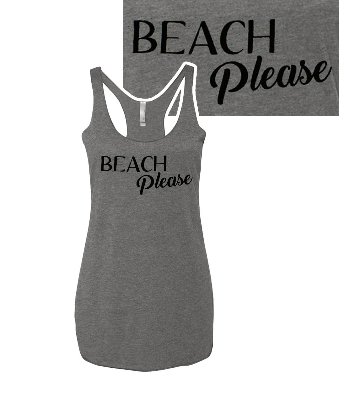 Beach Please vintage style tank top for women in gray featuring a loose fit and racerback design.
