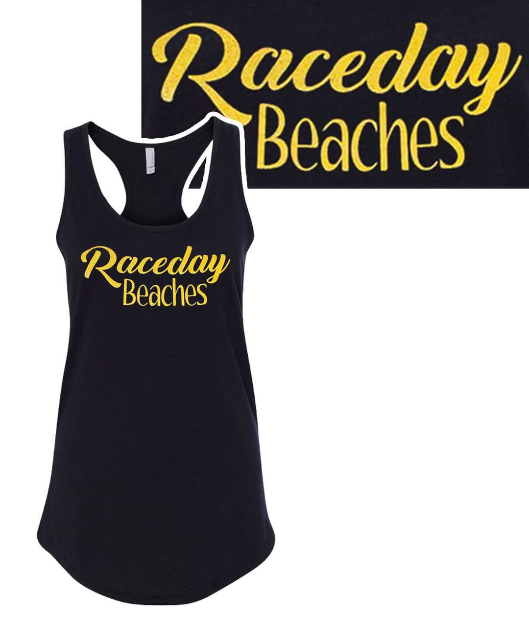 Raceday Beaches tank top featuring a soft black racerback design with yellow printed text