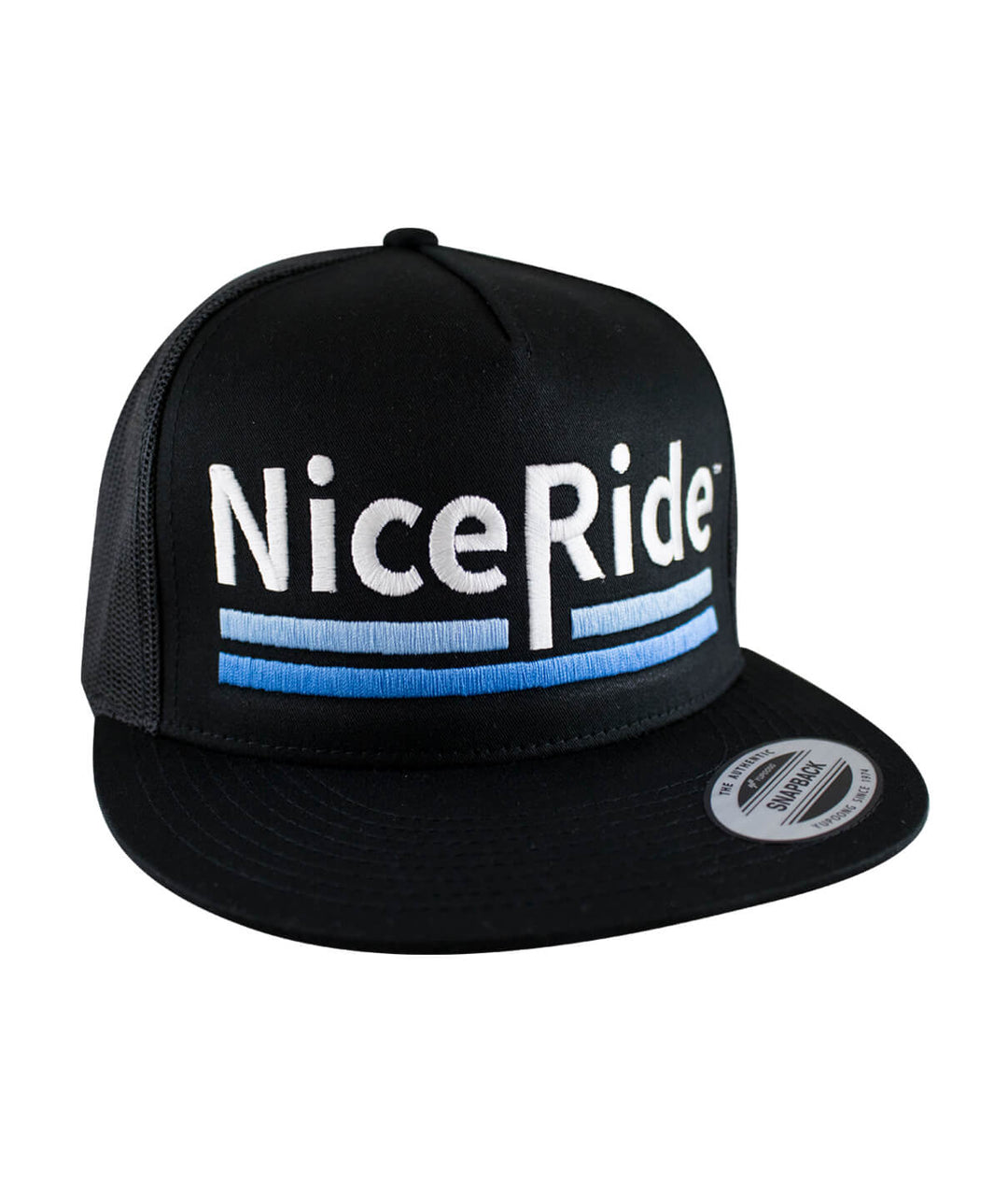 Low Tide Trucker Hat featuring NICERIDE design embroidered on the front panel, classic snapback style hat.