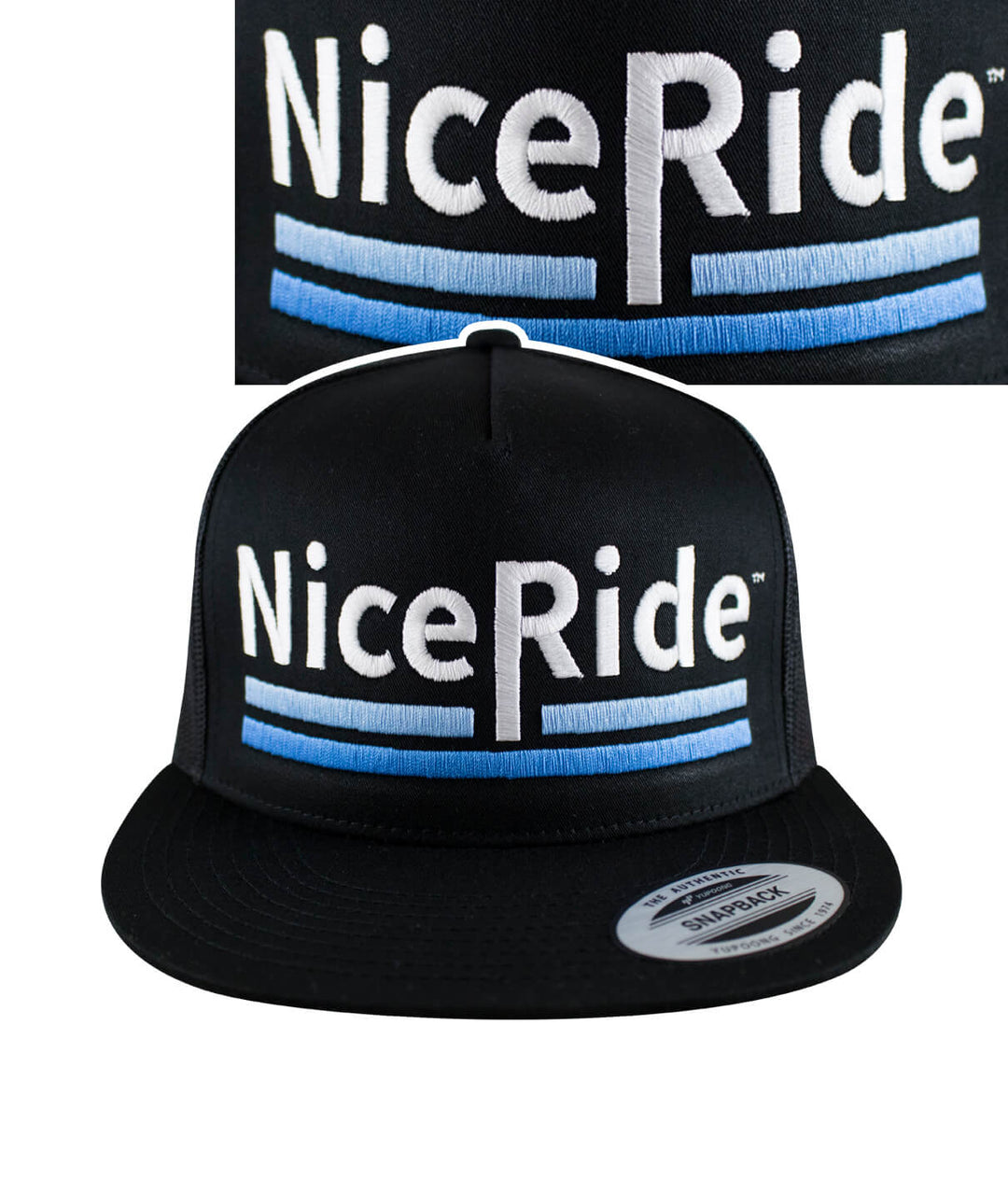 Classic black trucker hat featuring NICERIDE logo embroidered on the front, showcasing a stylish hat design.
