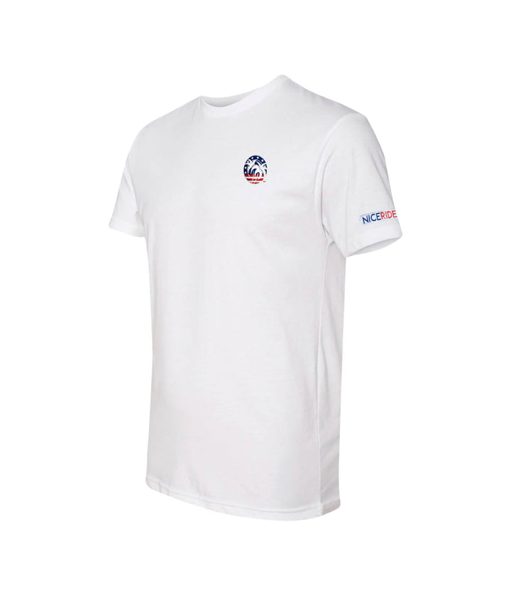 Spirit of 76 t-shirt featuring NICERIDE logo, white short sleeve cotton-poly blend for men.