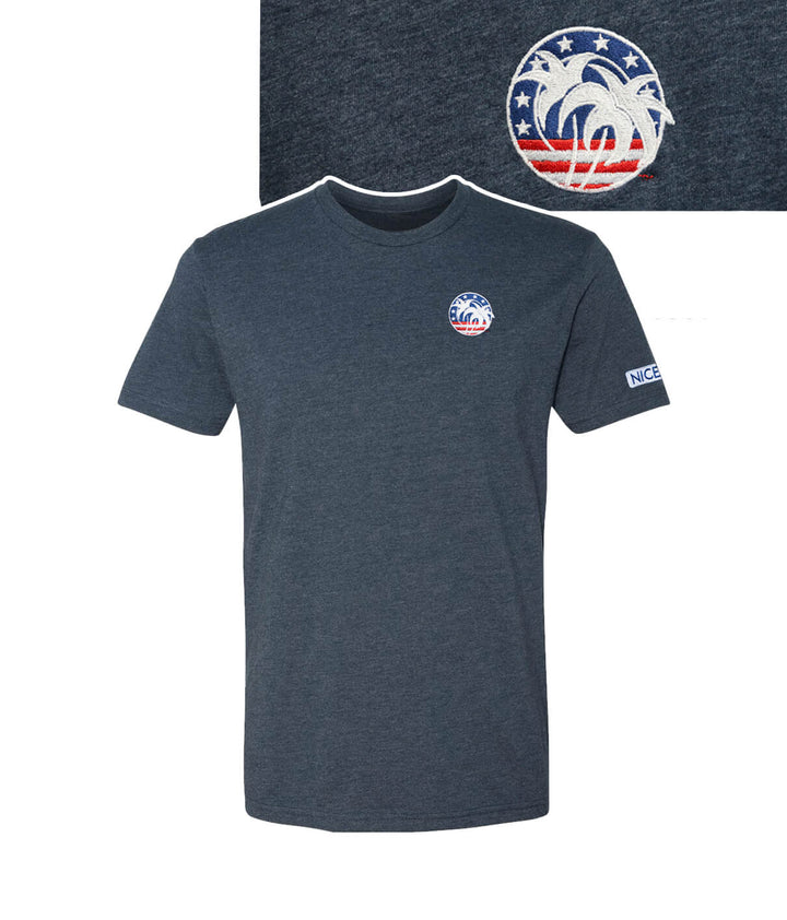 Spirit of 76 t-shirt featuring embroidered logo on navy background, perfect for casual wear.