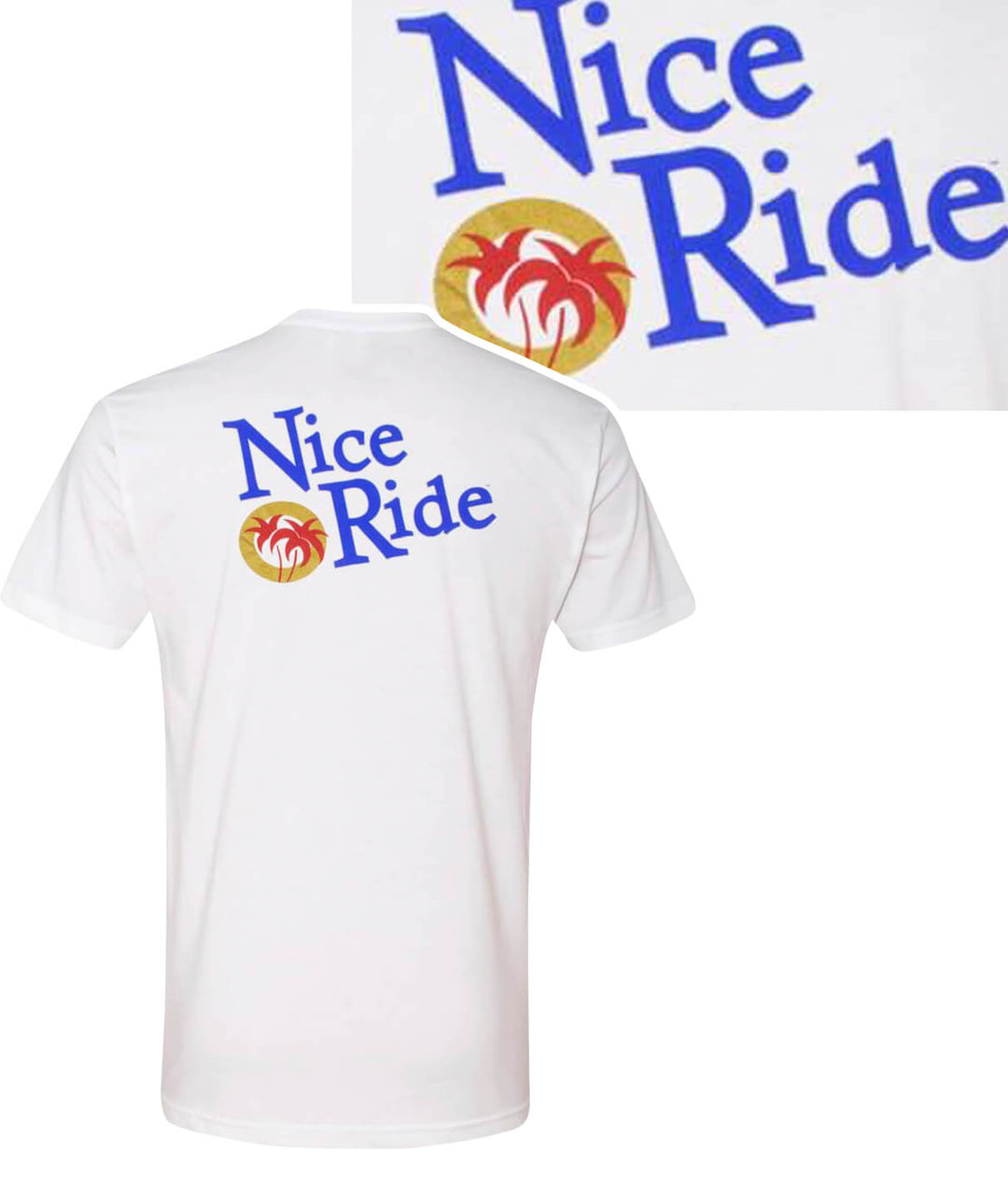 Caliber - Men's White shirt featuring Nice Ride logo in colorful design on back, perfect for any casual occasion.