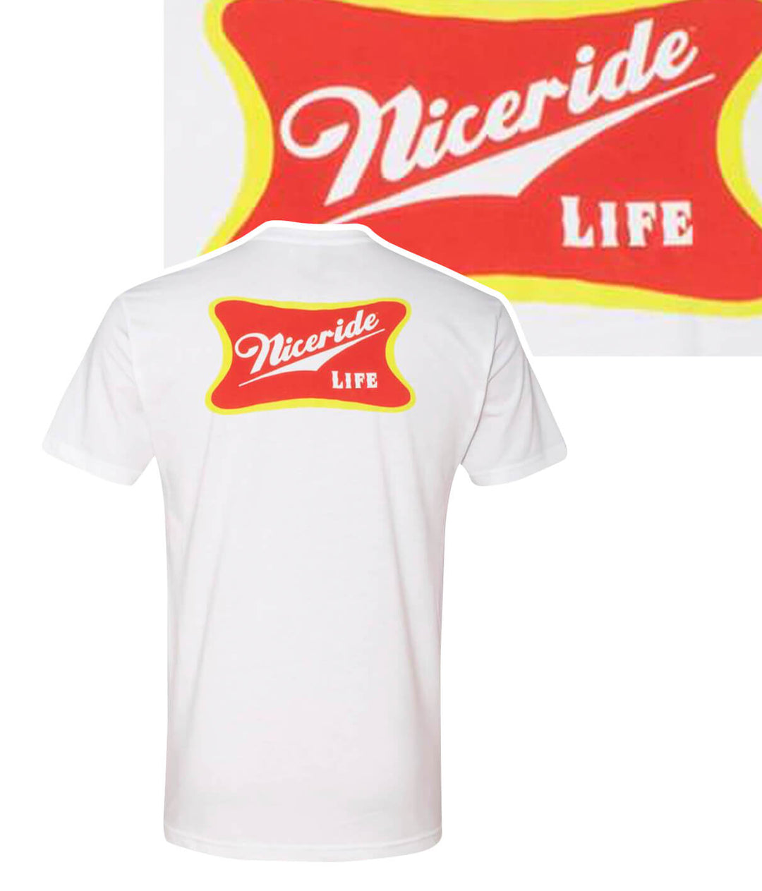 White Next Level Men's Quality Cotton Blend Short Sleeve T-Shirt with Nicercide Life design on the back.