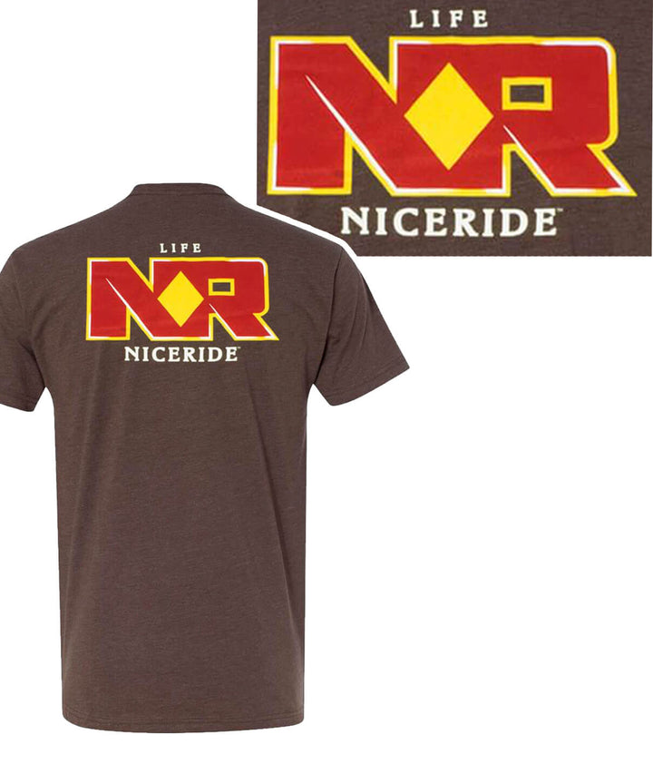 Brown shirt featuring NICERIDE logo in red and yellow on the back, highlighting quality design and comfort.