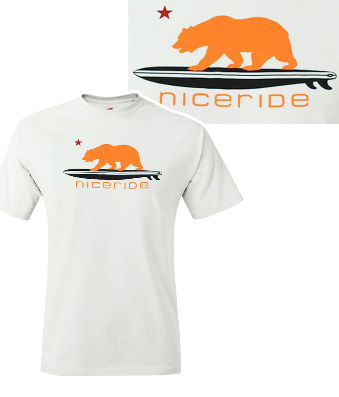 Hang 20 - Hanes Men's Cotton Blend Neon T-Shirt featuring NICERIDE bear graphic and logo on a white background.