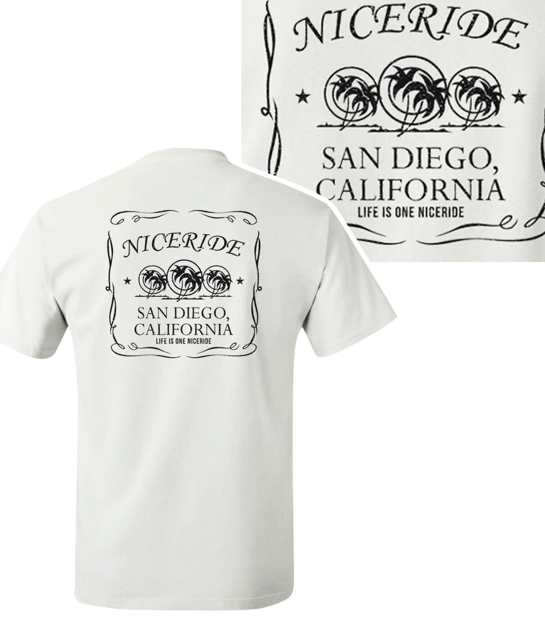 Hanes men's white t-shirt featuring NICERIDE logo and San Diego, California design on the back, perfect for casual wear.