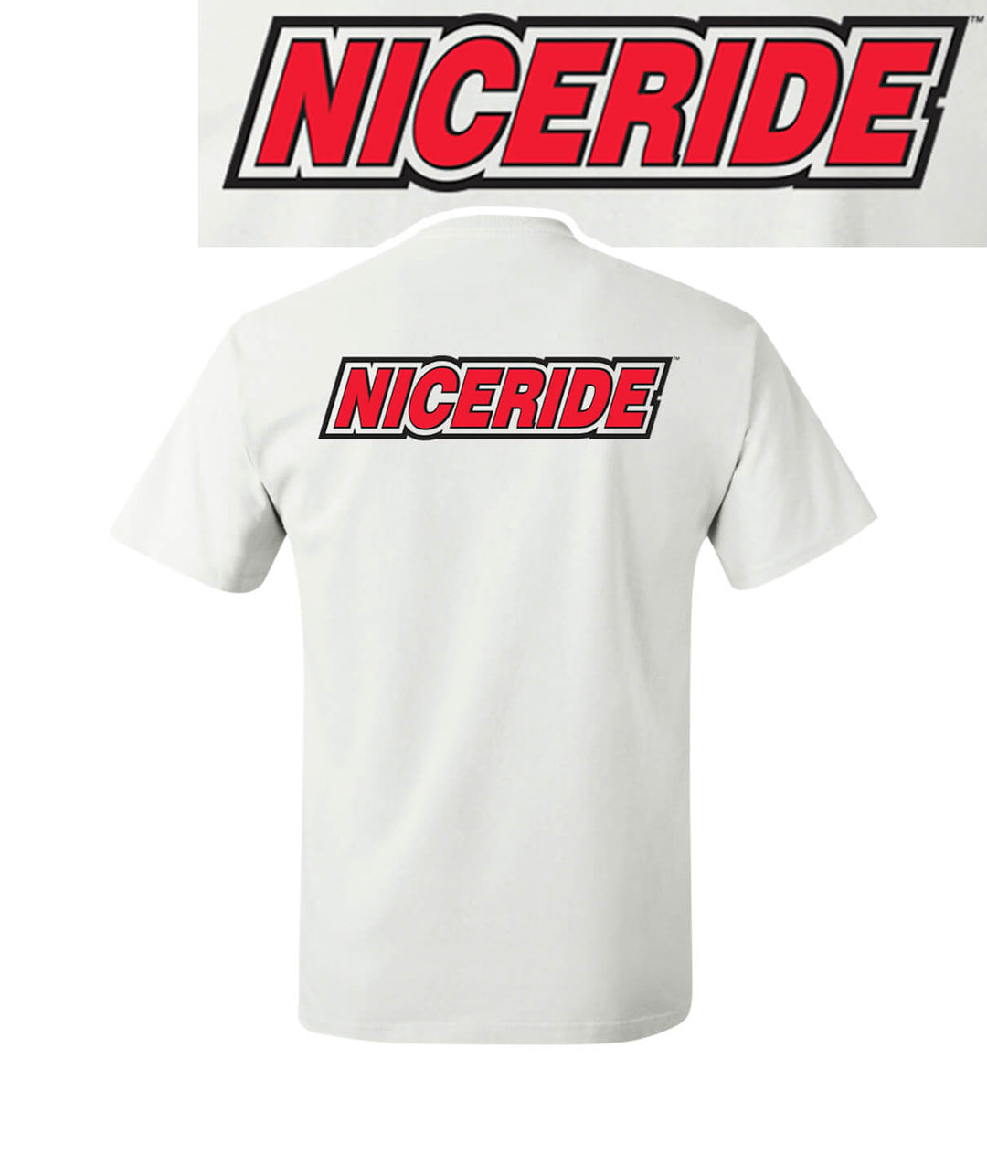 Slick white men's short sleeve shirt featuring NICERIDE logo on the back, perfect for casual wear and active lifestyles.