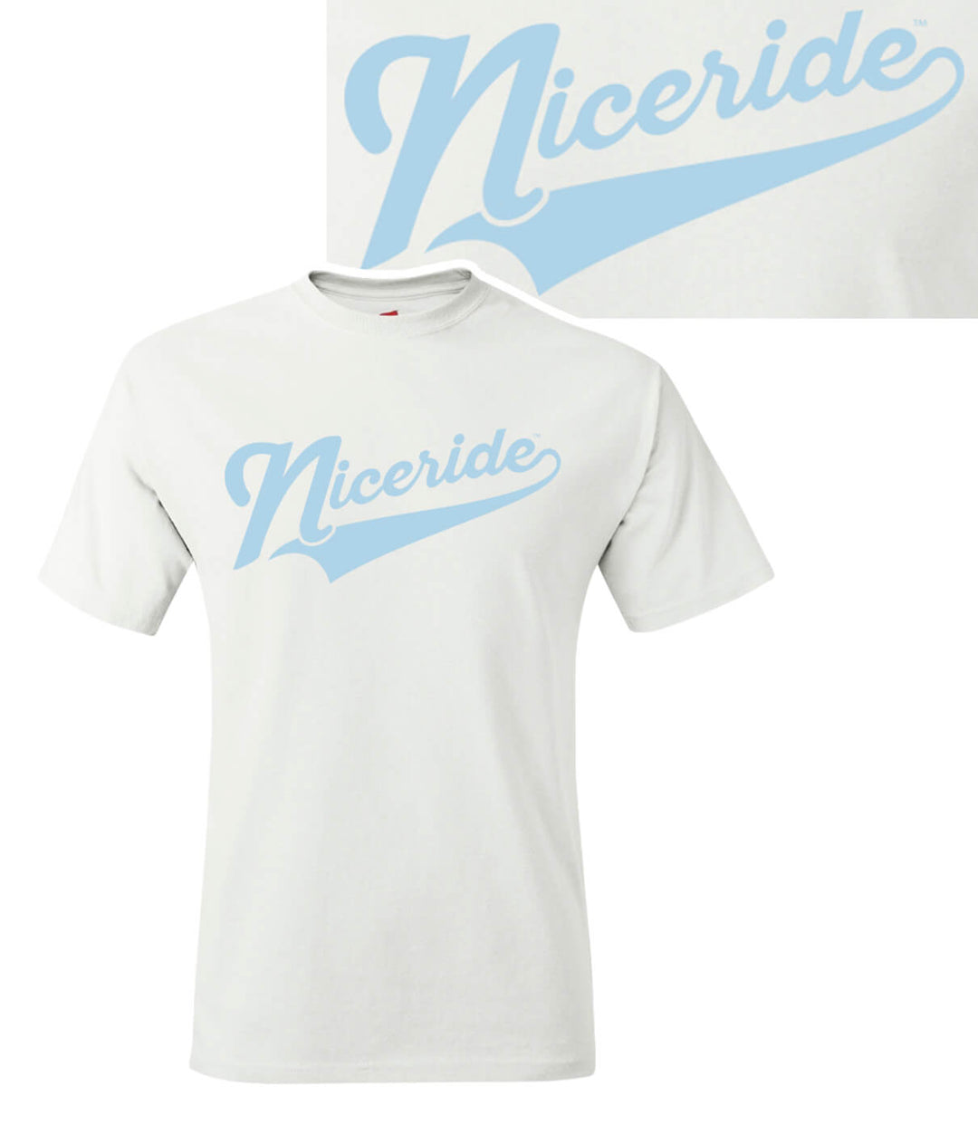 Hanes Men's white short sleeve shirt featuring NICERIDE logo on the front, suitable for various activities and seasons.