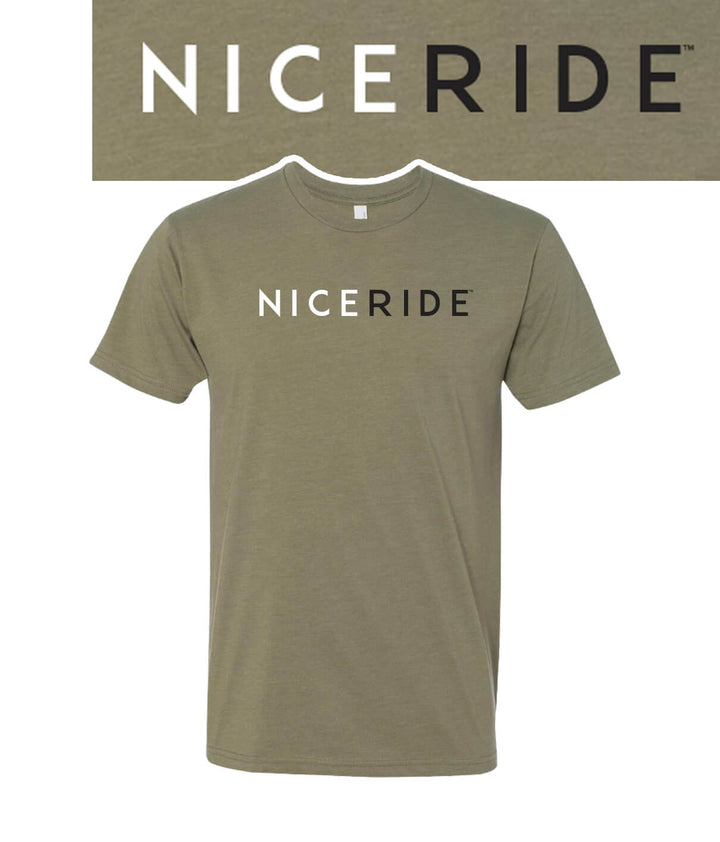 Essential shirt in olive green featuring NICERIDE logo, short sleeve design, and lightweight cotton blend fabric.