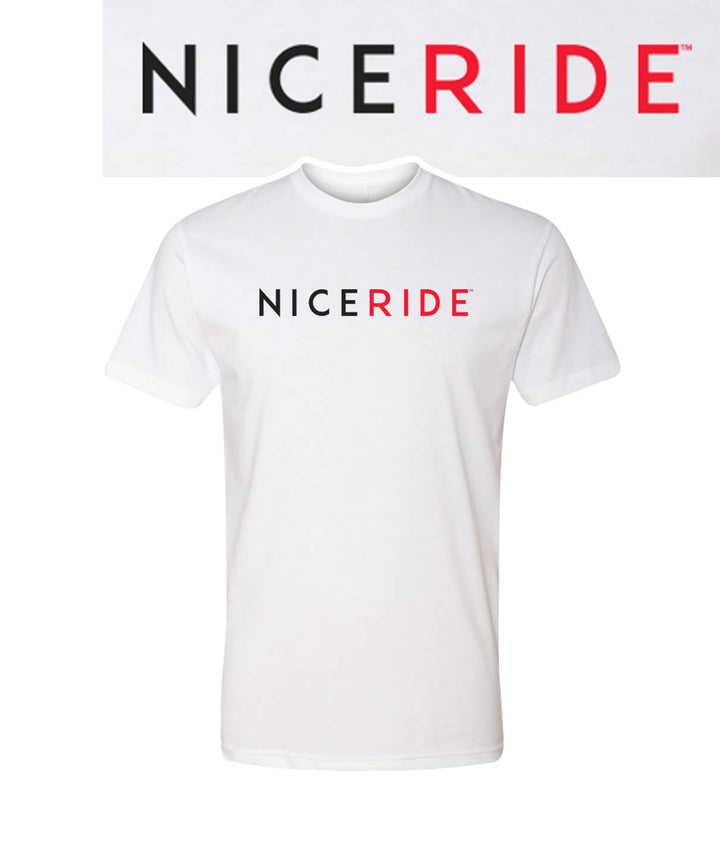 Essential shirt featuring NICERIDE logo on a white cotton blend short sleeve t-shirt.
