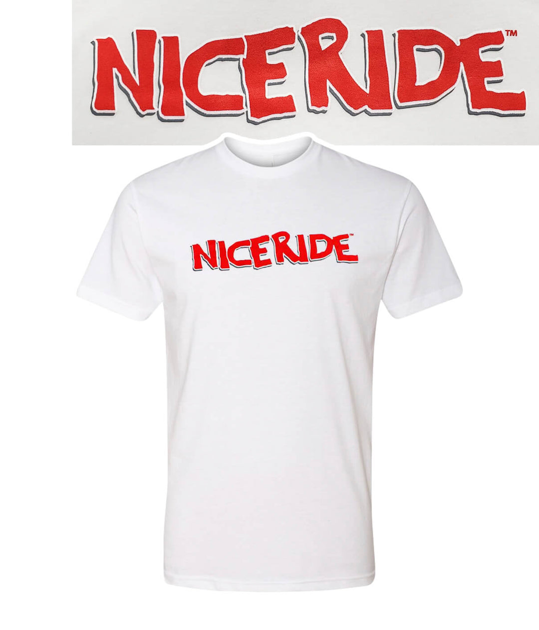 Bed Rock white Next Level men's cotton blend t-shirt with NICERIDE logo on front and hat focus keyword.