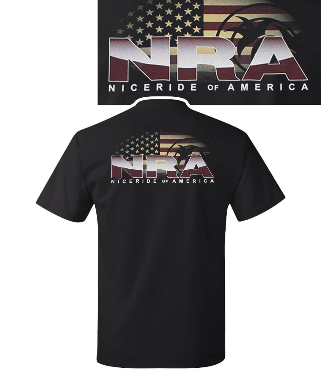 Black Hanes Men's shirt featuring NRA design and American flag on back.