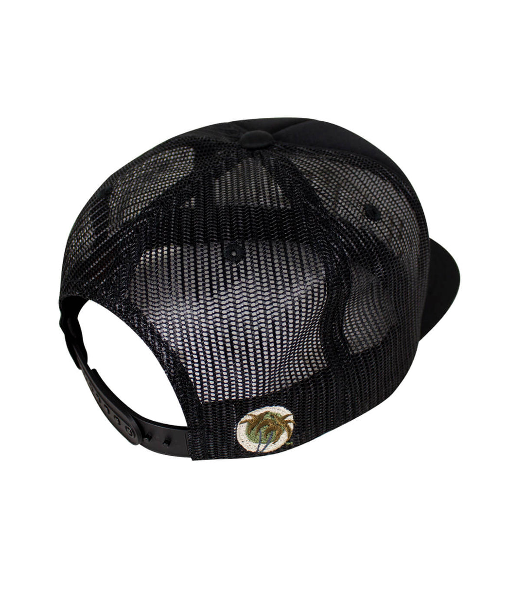 Back view of the Bed Rock Foam Trucker Hat showcasing its black mesh design and palm logo embroidery.