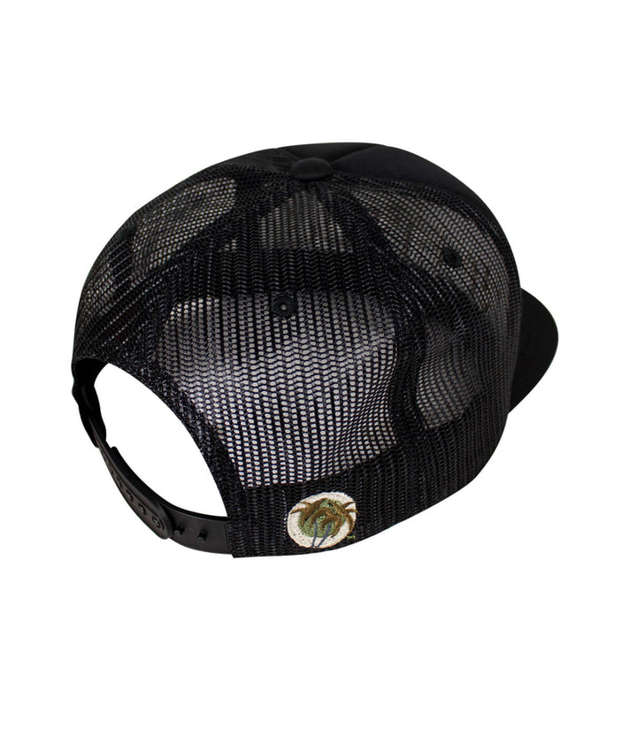 Back view of the Bed Rock Foam Trucker Hat showcasing its black mesh design and palm logo embroidery.