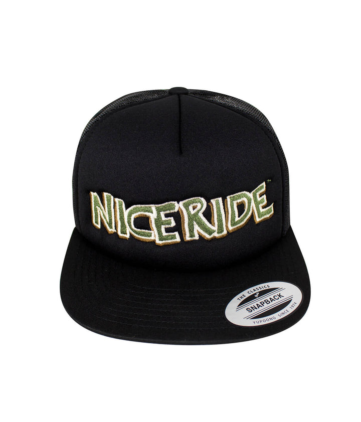 NICERIDE Bed Rock Foam Trucker Hat, Baseball Cap with embroidered logo, black front and mesh back, stylish headwear.
