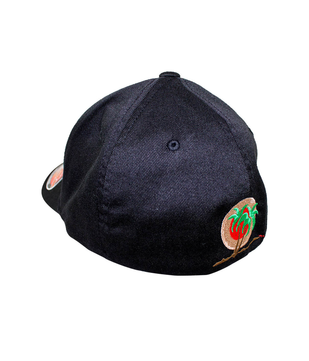 Back of a California Flag Classic Flexfit Hat featuring colorful palm logo embroidery.