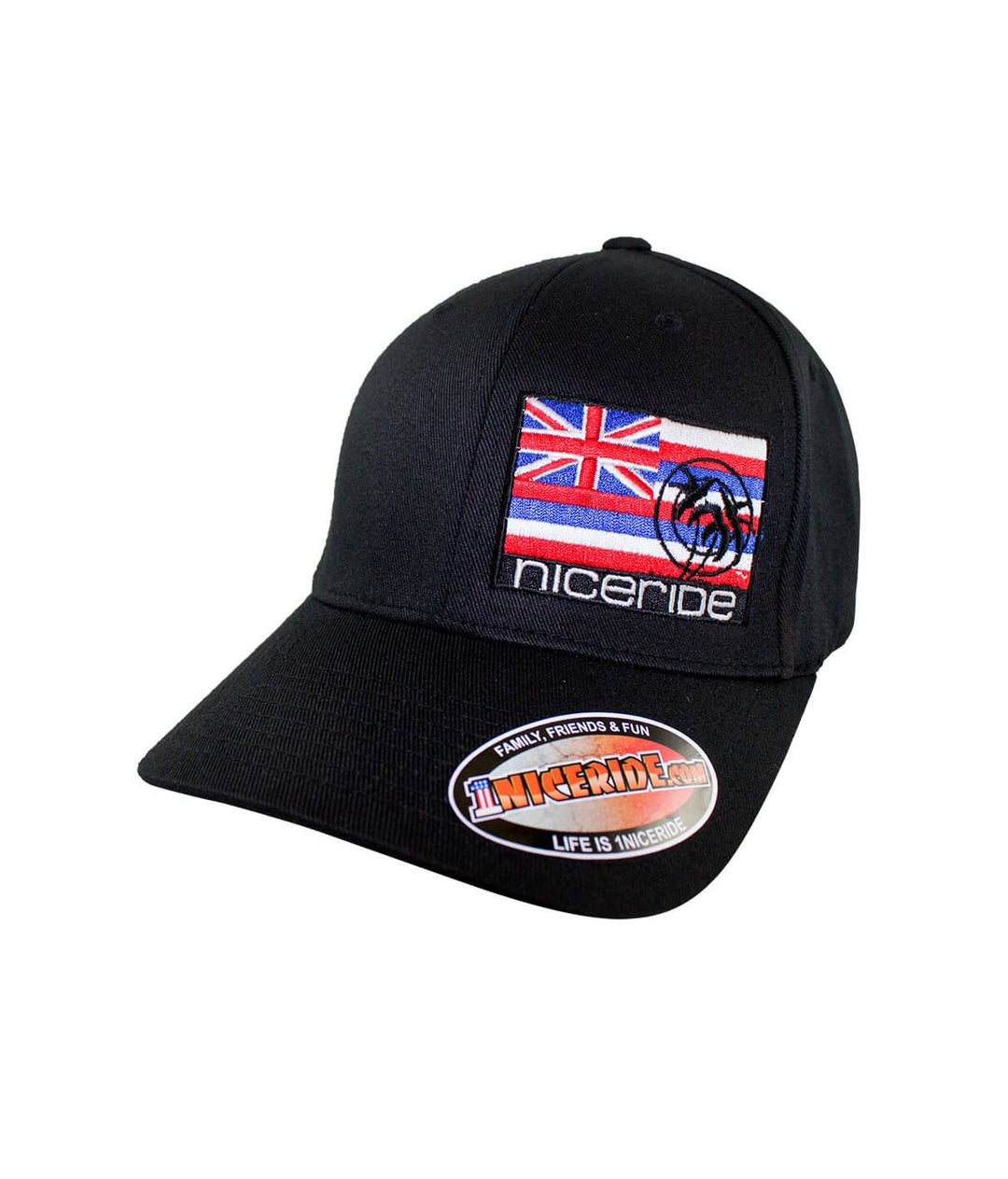 Hawaii Flag Classic Flexfit Hat with NICERIDE logo and palm logo in Hawaii Flag colors, designed in the U.S.