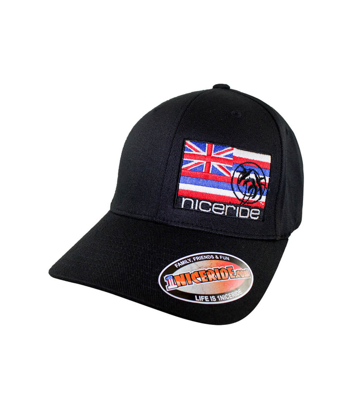 Hawaii Flag Classic Flexfit Hat with NICERIDE logo and palm logo in Hawaii Flag colors, designed in the U.S.