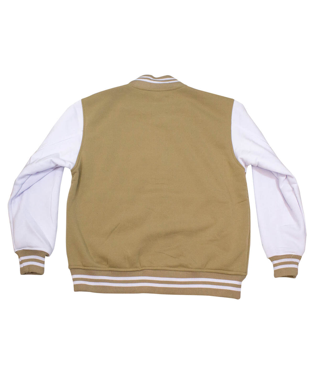 Back view of the NICERIDE Strong jacket showcasing its varsity style with tan and white sleeves.