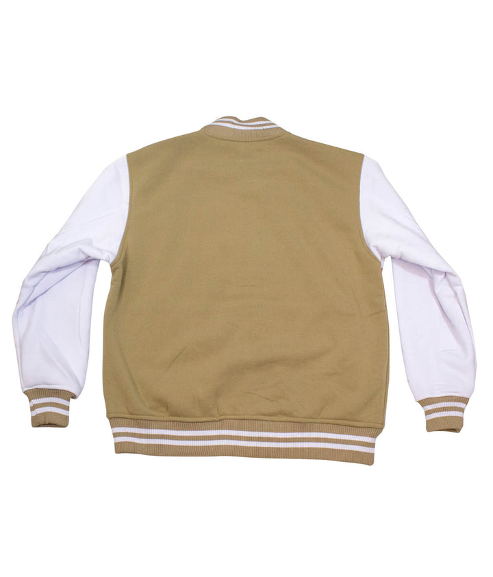Back view of the NICERIDE Strong jacket showcasing its varsity style with tan and white sleeves.
