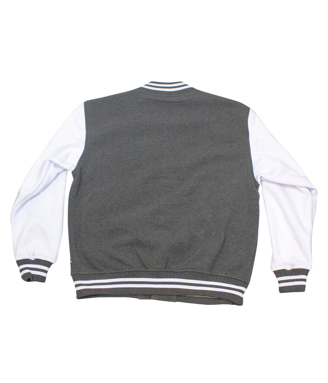 Back view of the NICERIDE Strong jacket with gray body and white sleeves, featuring striped collar and cuffs.