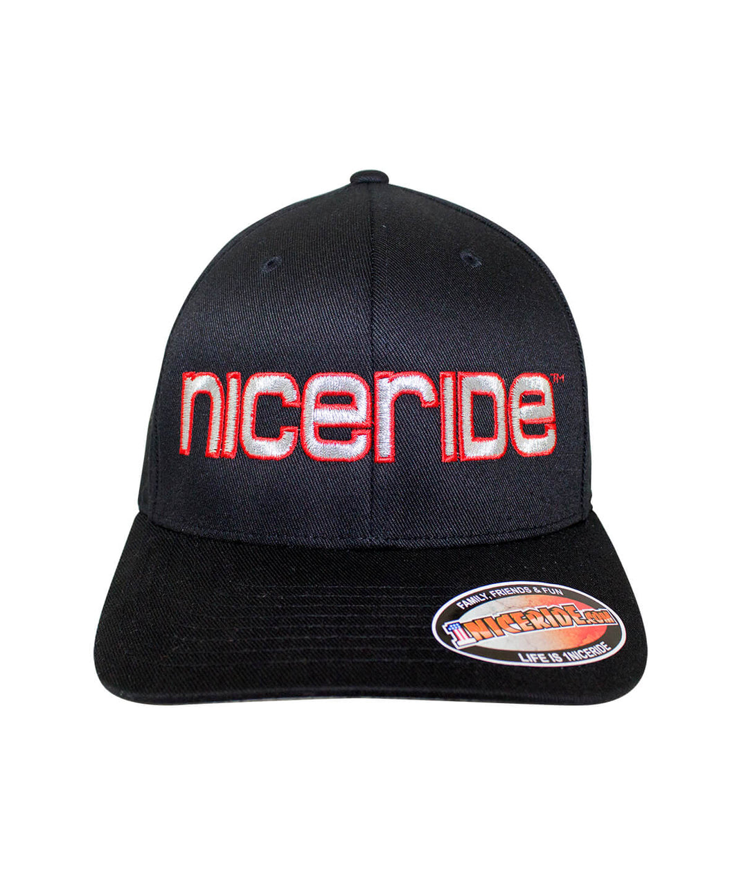 Bold Tower Black Classic Flexfit Hat featuring NICERIDE logo embroidered on front and palm logo on back.