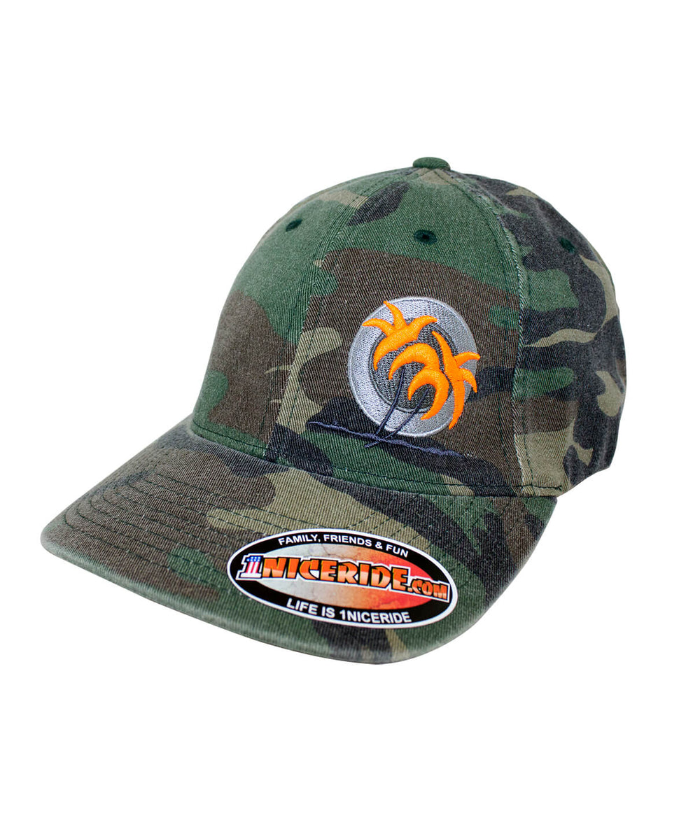 Opening Day Classic Flexfit Hat featuring NICERIDE's palm logo in orange on a camouflage background.