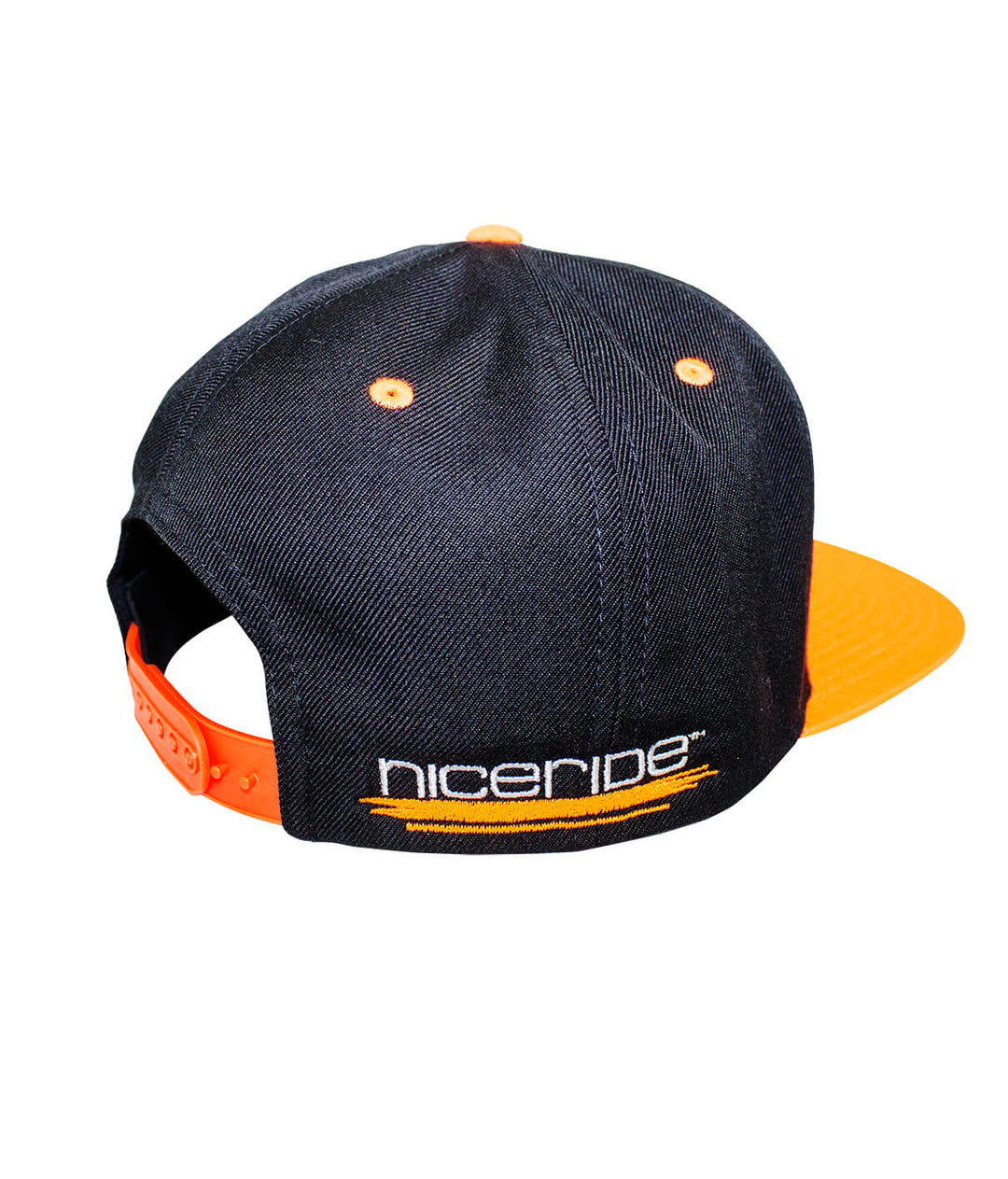 Back view of the Strong - Neon snapback hat featuring NICERIDE logo and orange accents on a black baseball cap.