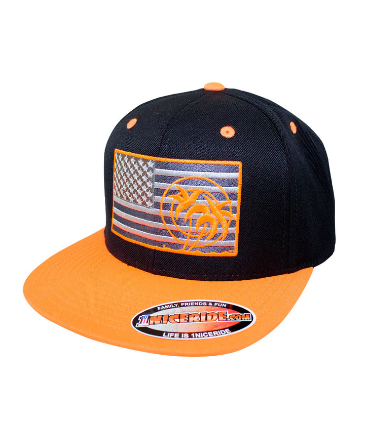 Strong - Neon snapback hat featuring American flag and NICERIDE design with neon accents.