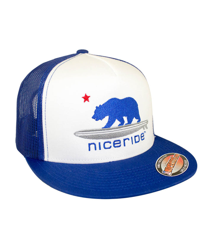 Hang 20 Trucker Hat from NICERIDE featuring a bear logo and classic palm design, perfect for outdoor adventures.