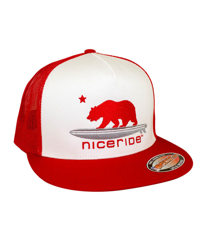 Hang 20 Classic Trucker Hat, a red and white snapback hat featuring NICERIDE embroidery.