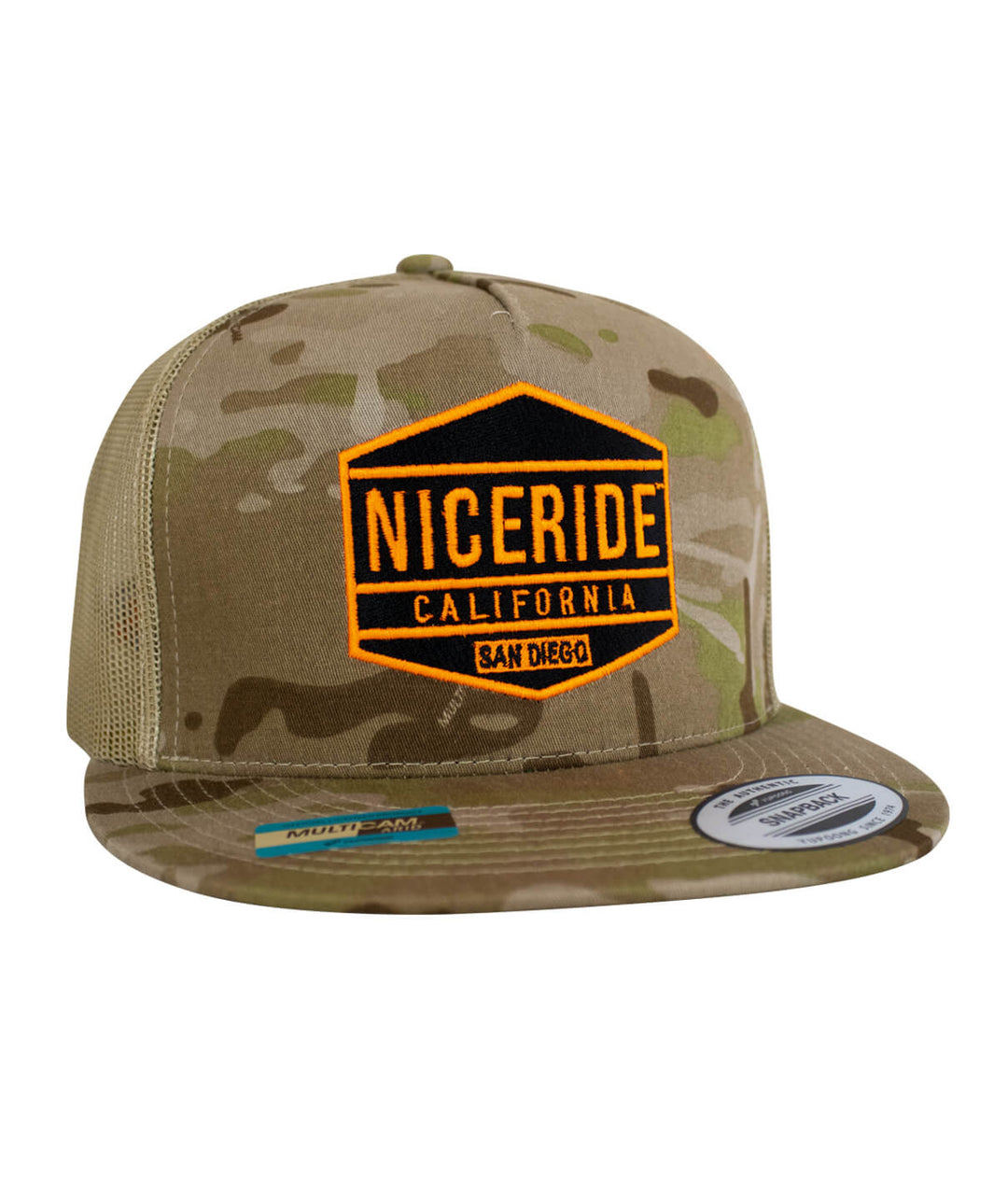 NICERIDE camouflage hat with orange logo, snapback style, perfect for casual wear.