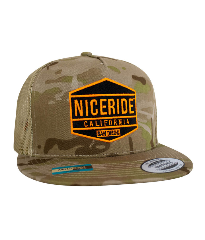 NICERIDE camouflage hat with orange logo, snapback style, perfect for casual wear.