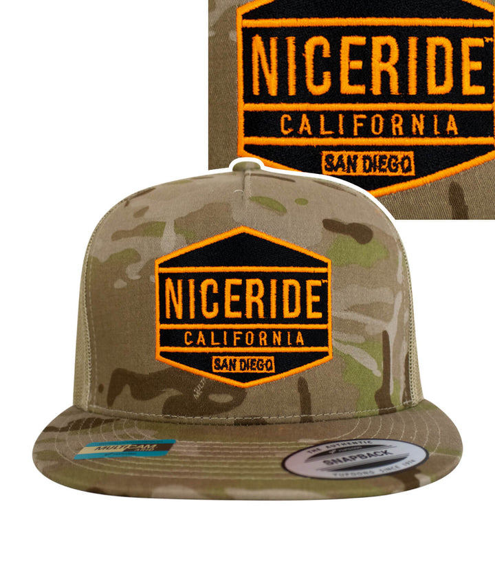 NICERIDE camouflage snapback hat with orange embroidered patch featuring California and San Diego.