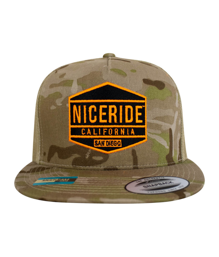 NICERIDE camouflage trucker hat featuring orange embroidered logo, perfect stylish hat for casual wear.