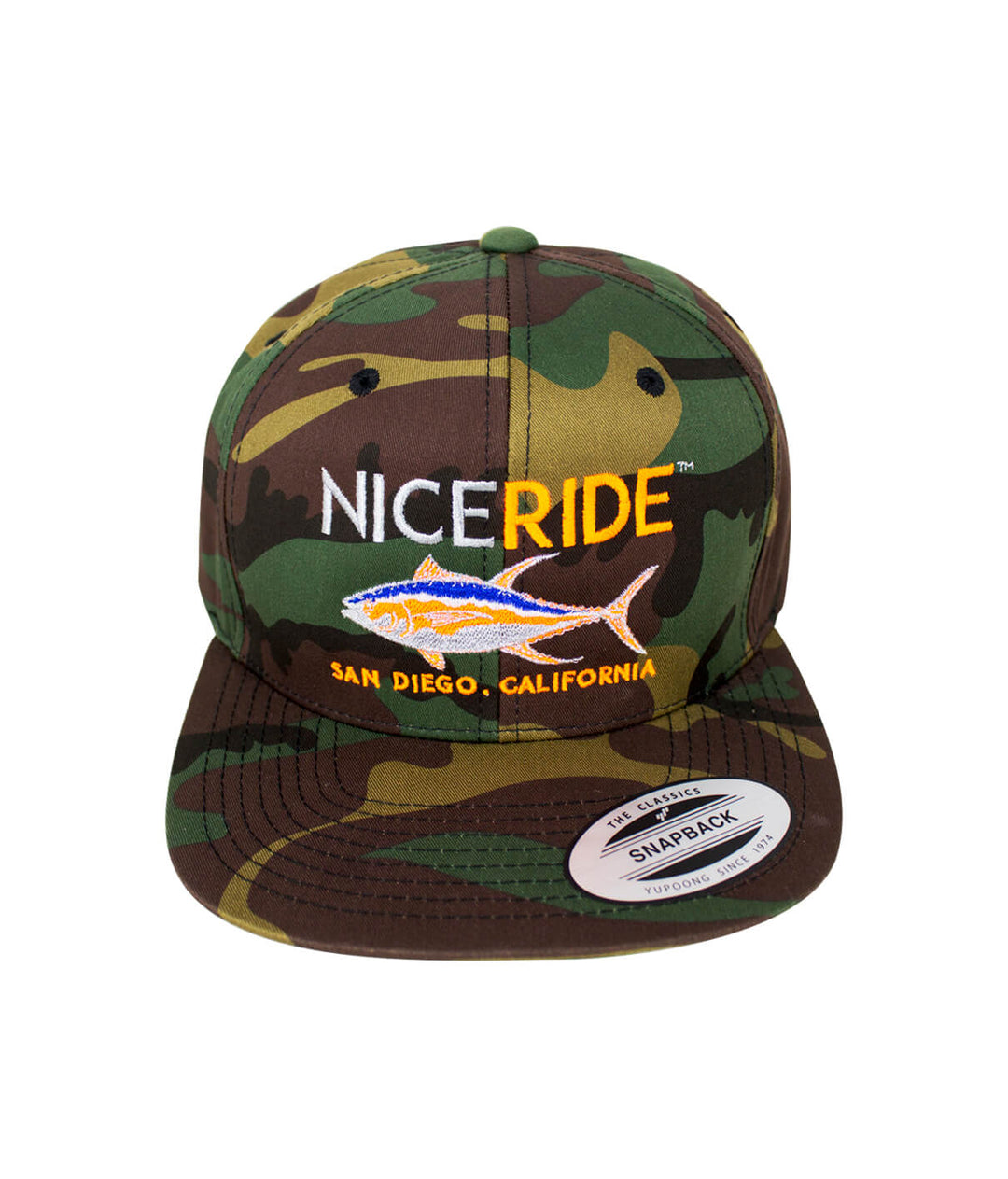 Hat featuring NICERIDE logo and fish design, in camo print, classic snapback style for casual wear.