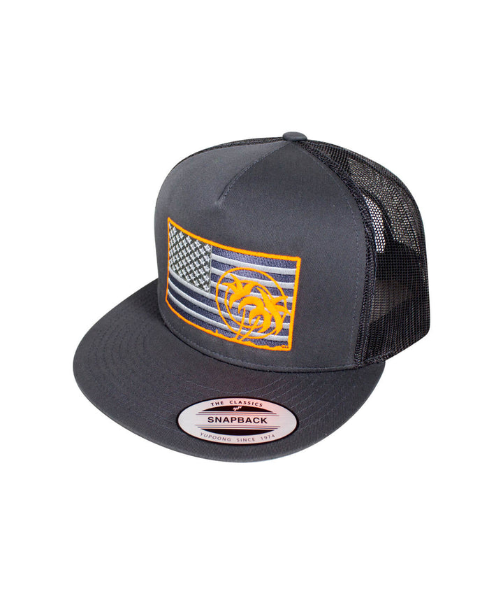 Strong Trucker Hat featuring American flag design and NICERIDE embroidery, stylish gray snapback hat.