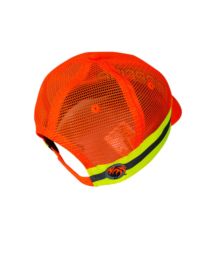 Safety hat with mesh design in bright orange, featuring NICERIDE logo and reflective stripes.