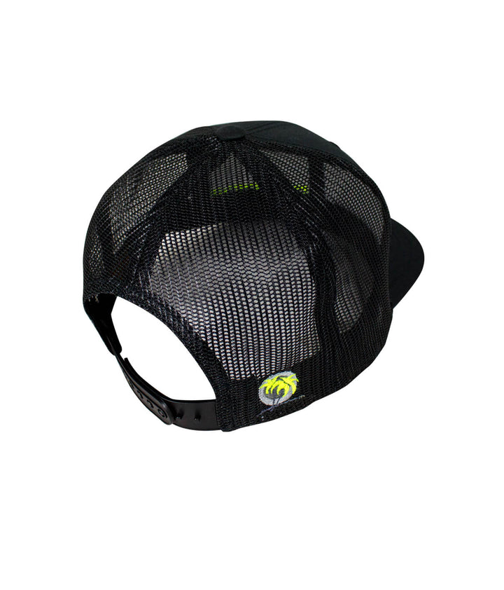 Black Retro Trucker Hat showing back view with NICERIDE palm logo and mesh design, perfect for casual wear.