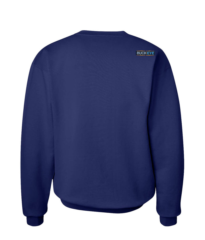 Back view of a navy unisex crewneck sweatshirt featuring the embroidered "Buck-Eye" logo on the shoulder.