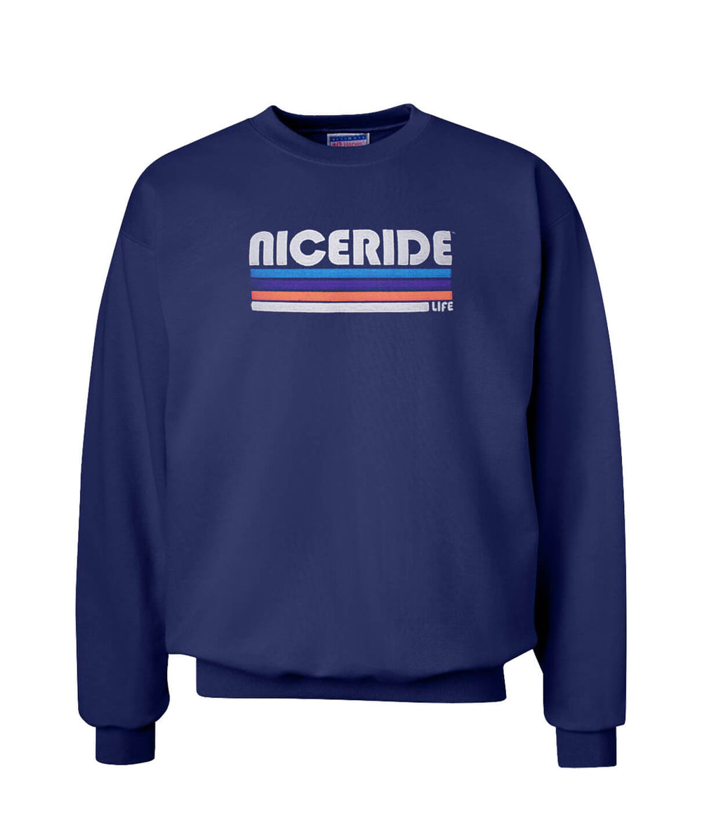 Navy crewneck sweatshirt featuring NICERIDE logo in retro style, perfect for unisex casual wear.