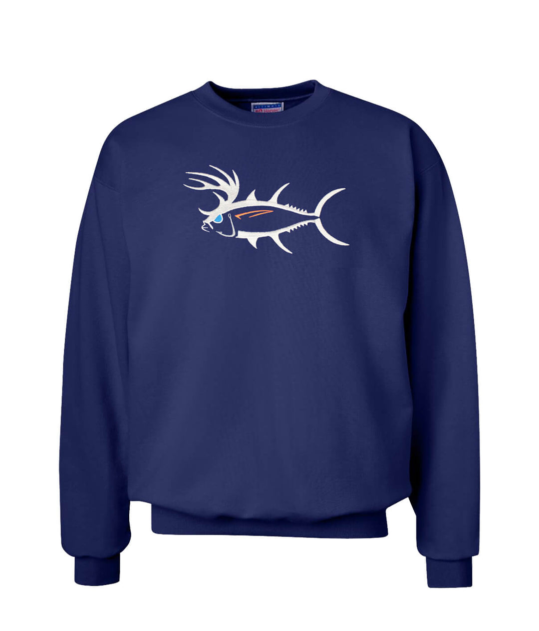 Navy blue crewneck sweatshirt featuring a unique fish design, perfect for unisex styles.